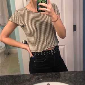 green/white stripped shirt